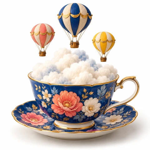 Blue teacup holding a soft cloud with small colourful balloons floating above.