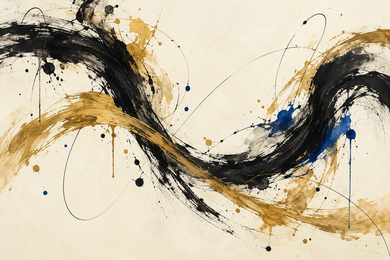 A line finds space: a spacious energetic abstraction with a deliberate balance between mark and untouched ground in ink black, ivory, muted gold and a small cobalt accent.