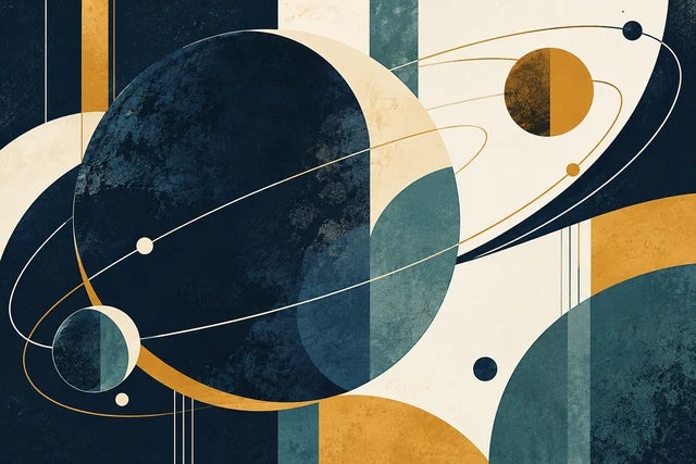 Navy, teal, cream and ochre celestial shapes linked by fine curved orbital lines.