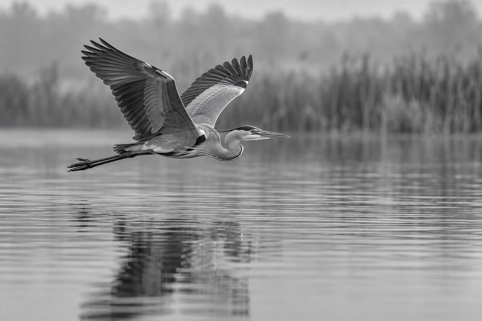 Monochrome heron flying low over still water, with its wings extended and a soft reflection.