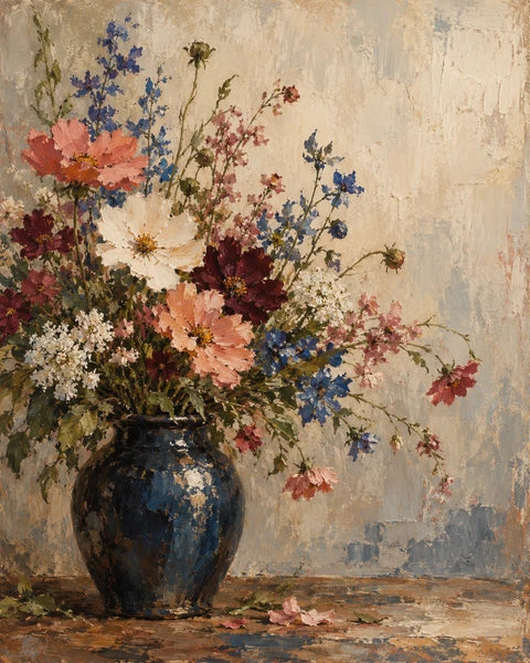 Flowers with character: a refined floral painting whose texture and personality are stronger than neat botanical detail in warm cream, dusty coral, burgundy, olive and cobalt.