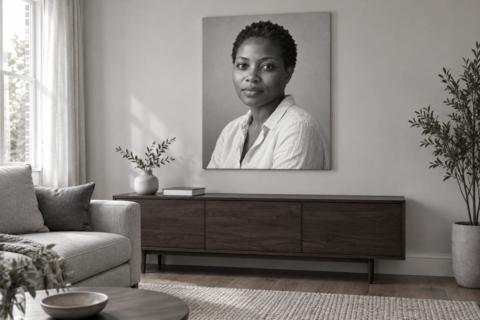 A black-and-white portrait canvas above a dark sideboard in a monochrome living room, with a nearby sofa and visible floor.