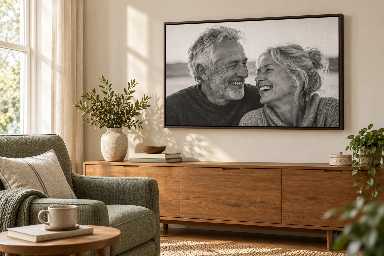 Black-and-white portrait of a smiling older couple in a brown floating frame above a wood sideboard near a sage armchair.