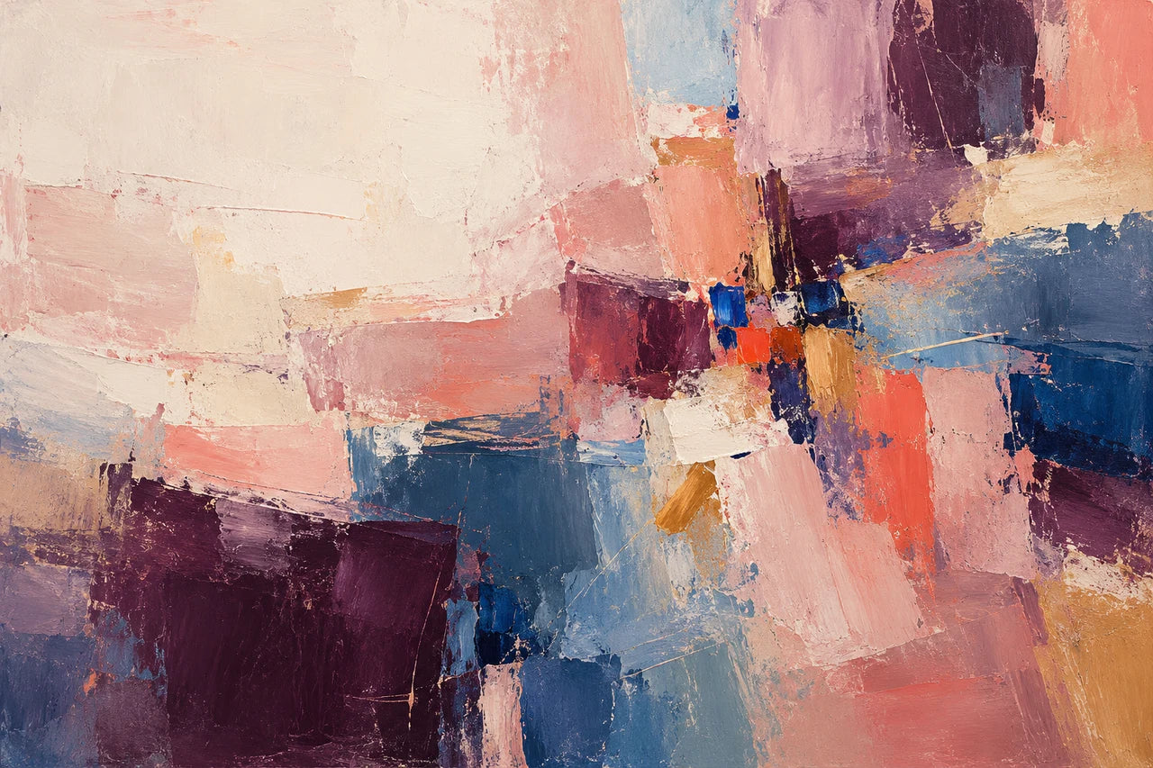 Rose, coral, blue and aubergine painted blocks with irregular scraped edges.