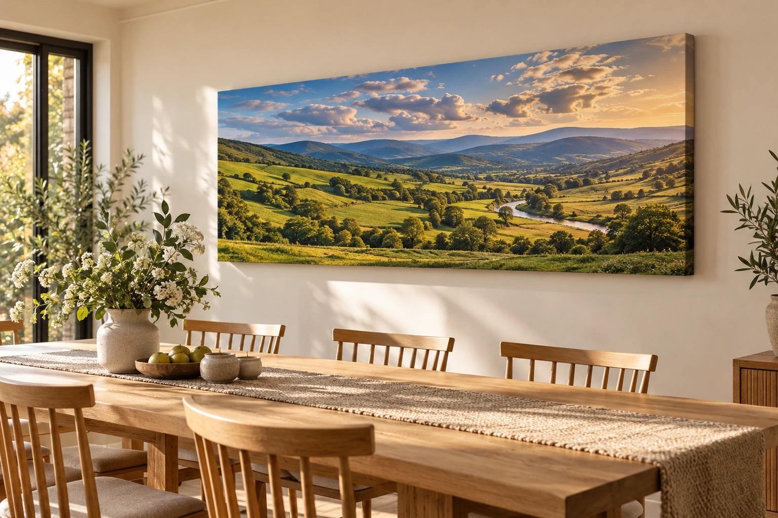 Wide panoramic landscape photograph on unframed canvas above a dining table