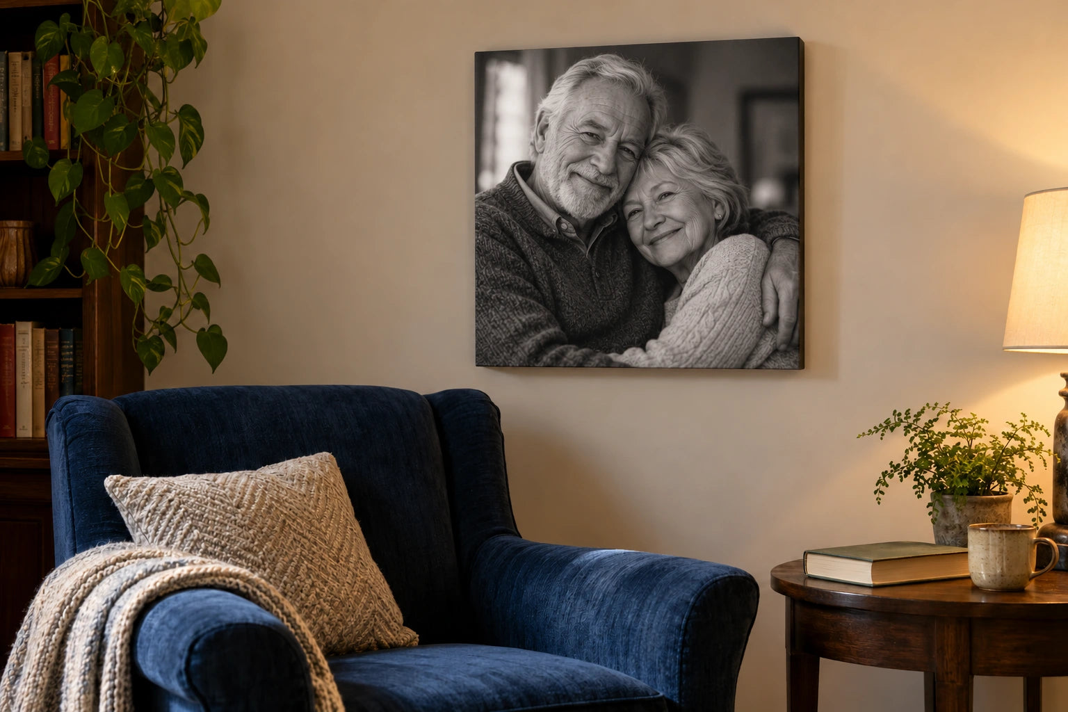 Square black-and-white photograph of an older couple hugging on canvas above a blue chair