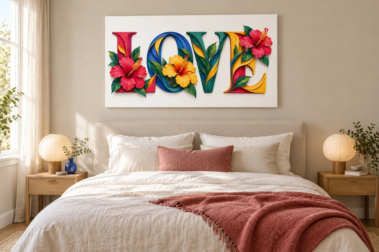 The colourful LOVE print centred above a pale upholstered bed in a calm bedroom.