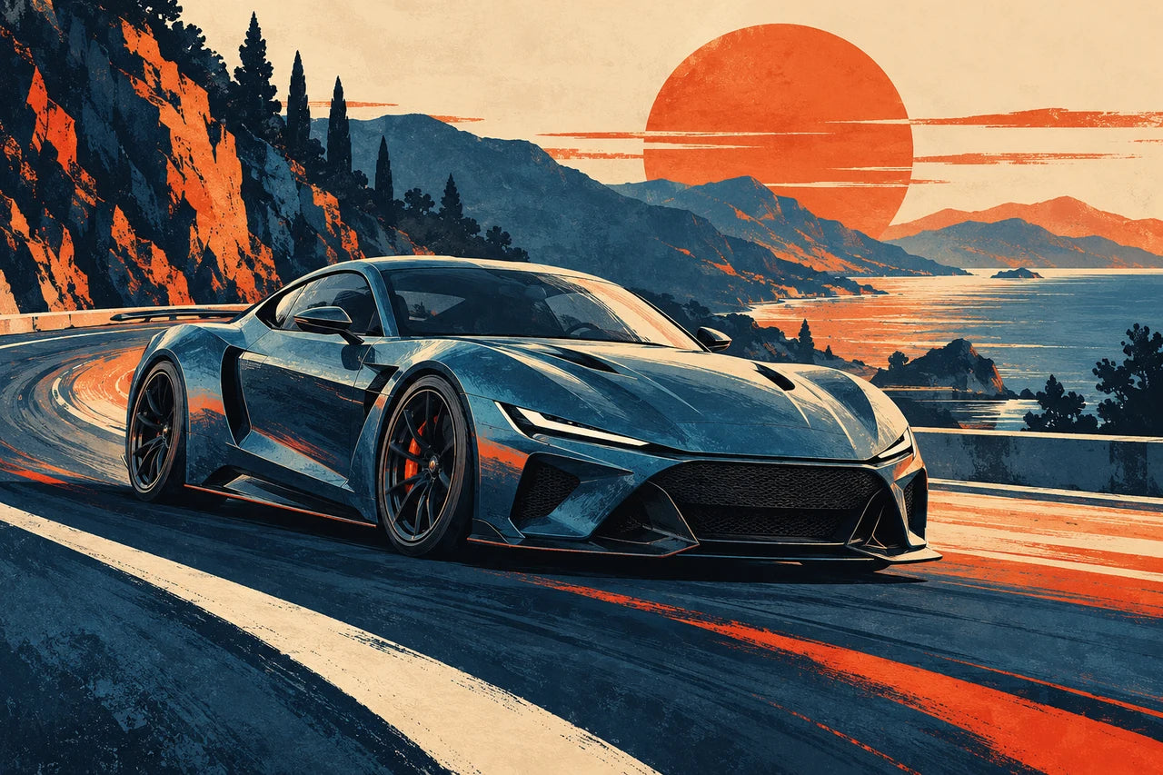 Illustrated blue racing coupe on a sweeping road in navy, cream and orange tones.