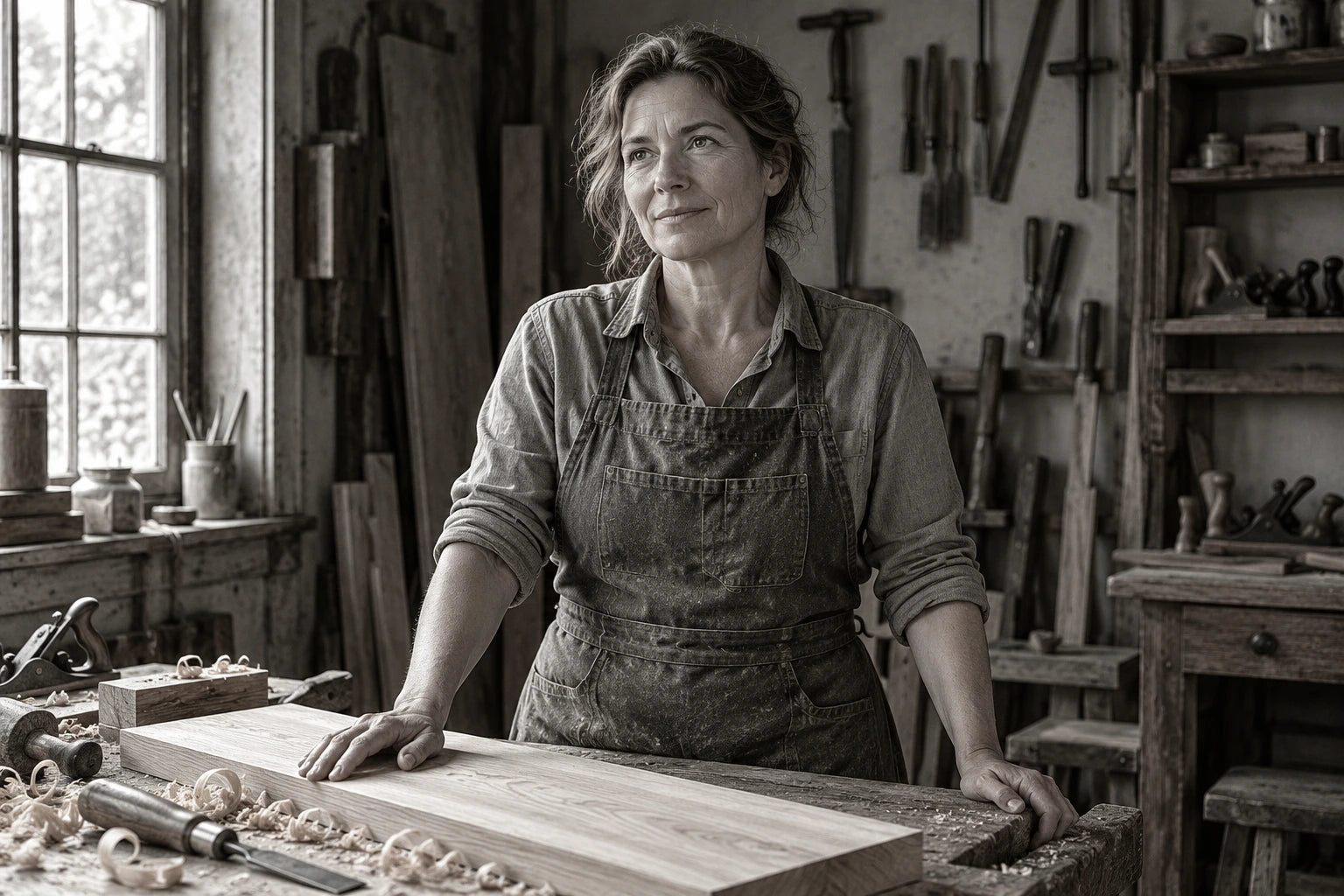 A craftsperson standing at a well-used workbench in a naturally lit workshop, with tools and timber visible.