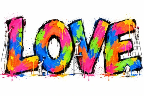 Bright graffiti LOVE lettering with tiny painters on ladders against white.