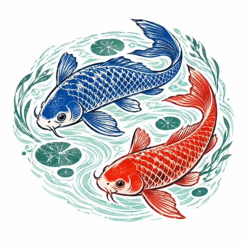 Two red and blue carp curving through a graphic pool on white.