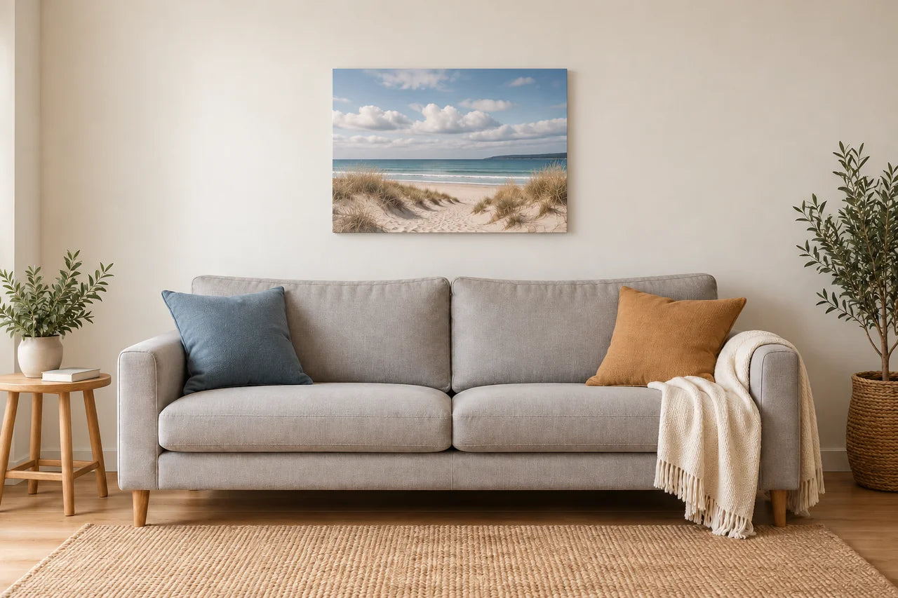 Landscape coastal canvas above a sofa in a sunlit living room.