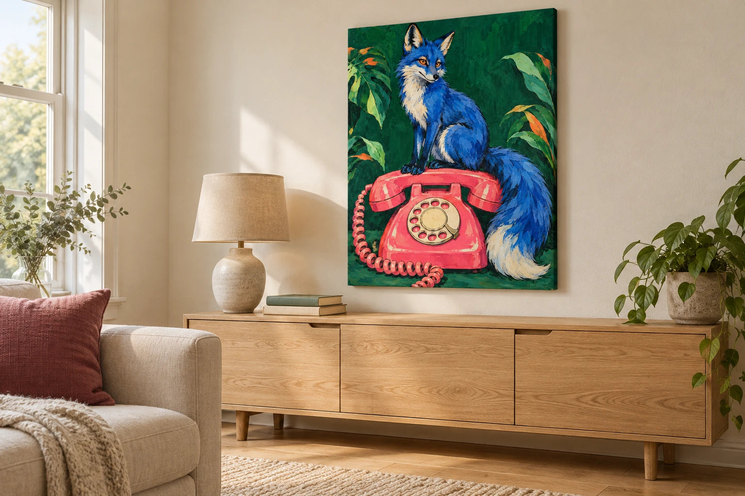 The blue fox and pink telephone print above an oak sideboard in a soft neutral living room.