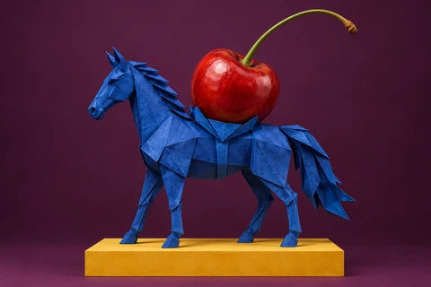 Blue folded-paper horse carrying an oversized red cherry on a yellow plinth.