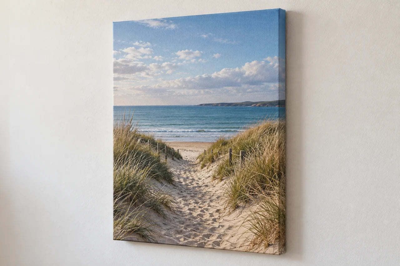 Angled coastal stretched canvas showing its wrapped edge.