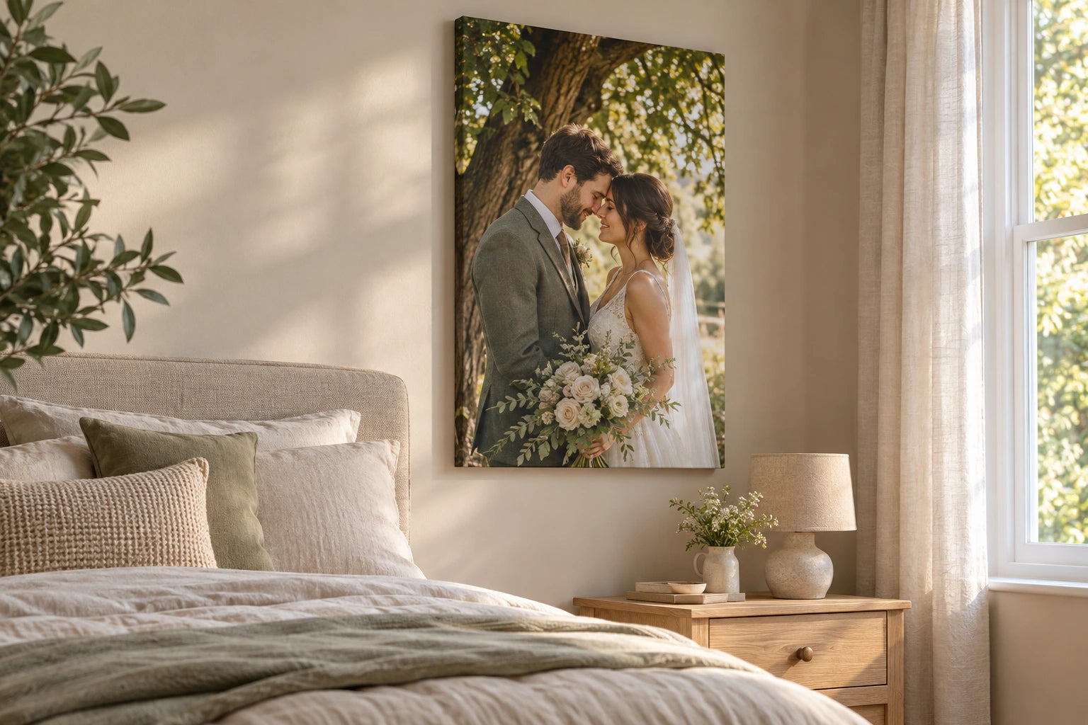 Wedding photograph on an unframed portrait canvas beside a bed