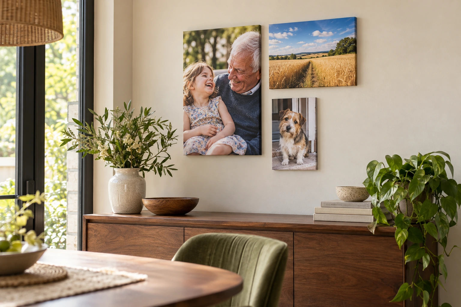 Family, landscape and terrier photo canvases in a mixed-size wall arrangement