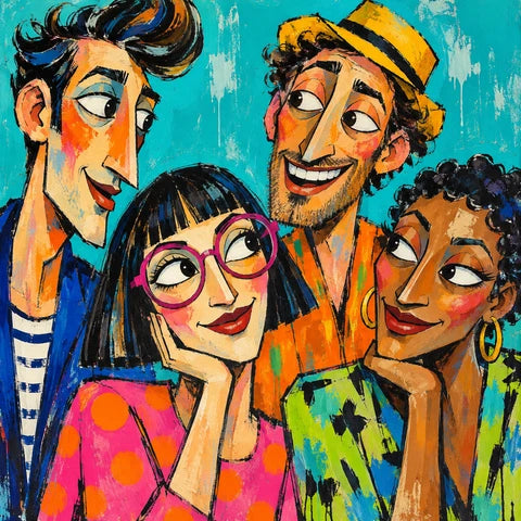 Four quirky painted people with oversized eyes and bright clothing on turquoise.