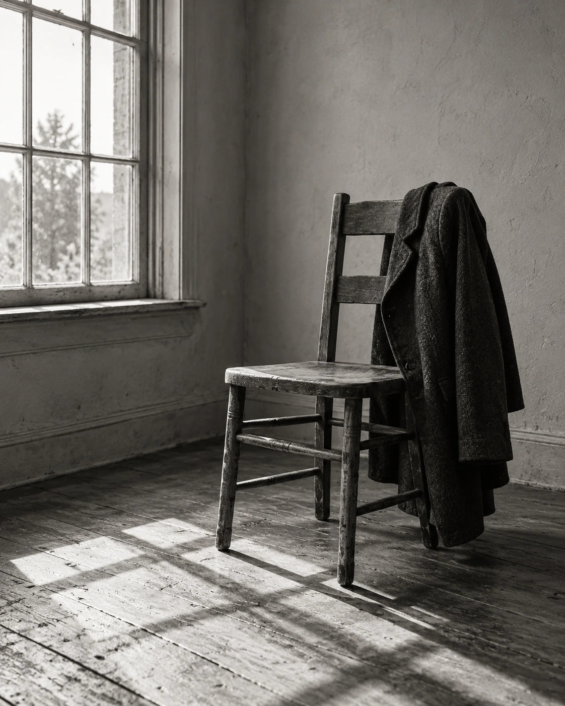 A single worn wooden chair with a dark coat draped over its back beside a window, with soft light crossing the floor.
