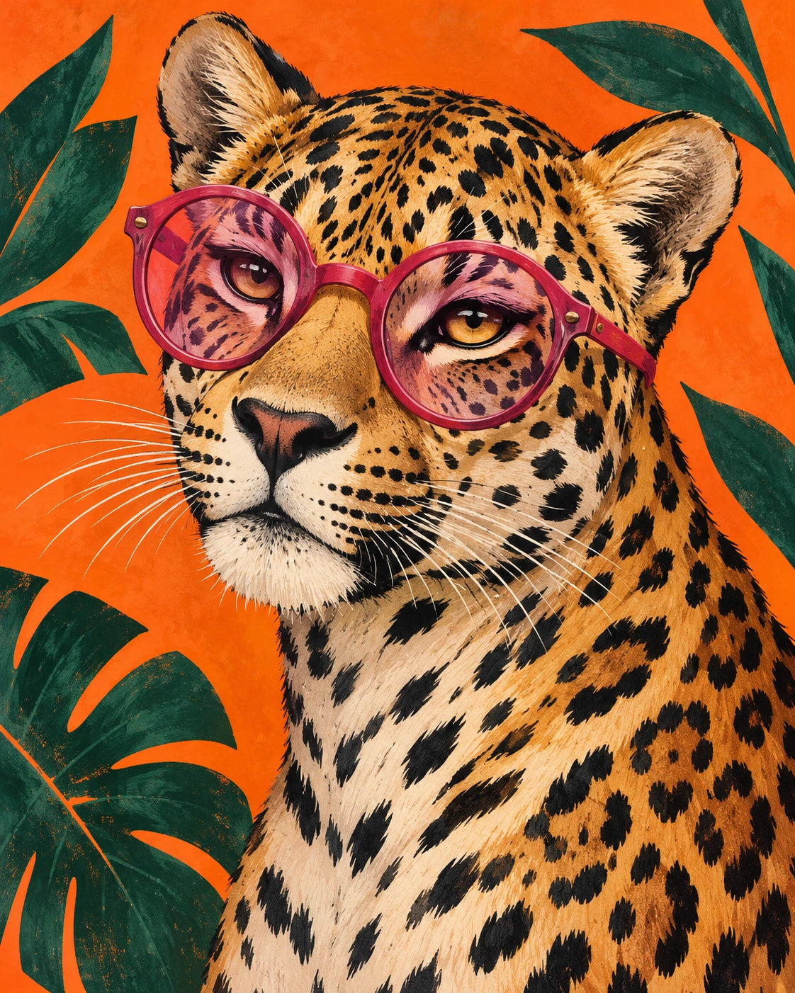 A golden leopard wearing raspberry sunglasses, painted on orange with green leaves.