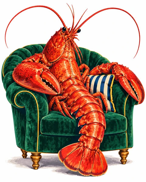 A red lobster sitting upright in a green armchair, painted against white.