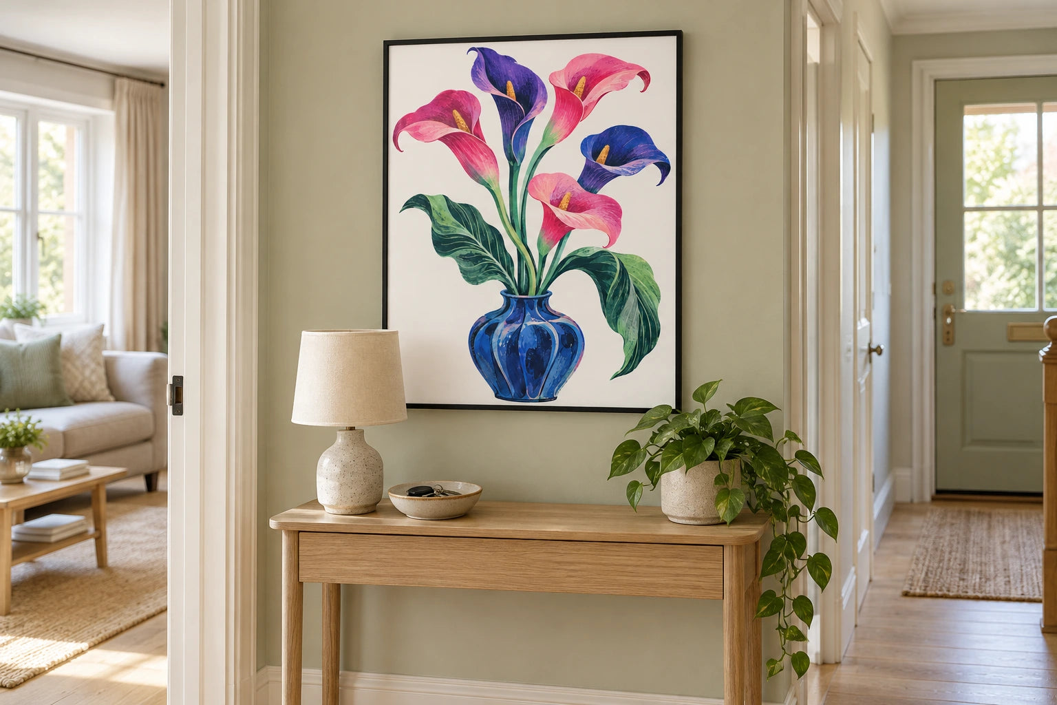 Pink and violet calla-lily poster in a thin black frame above a small hallway console.