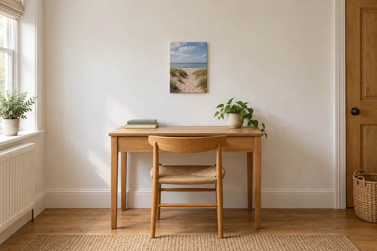 Small portrait coastal canvas above a compact oak desk.