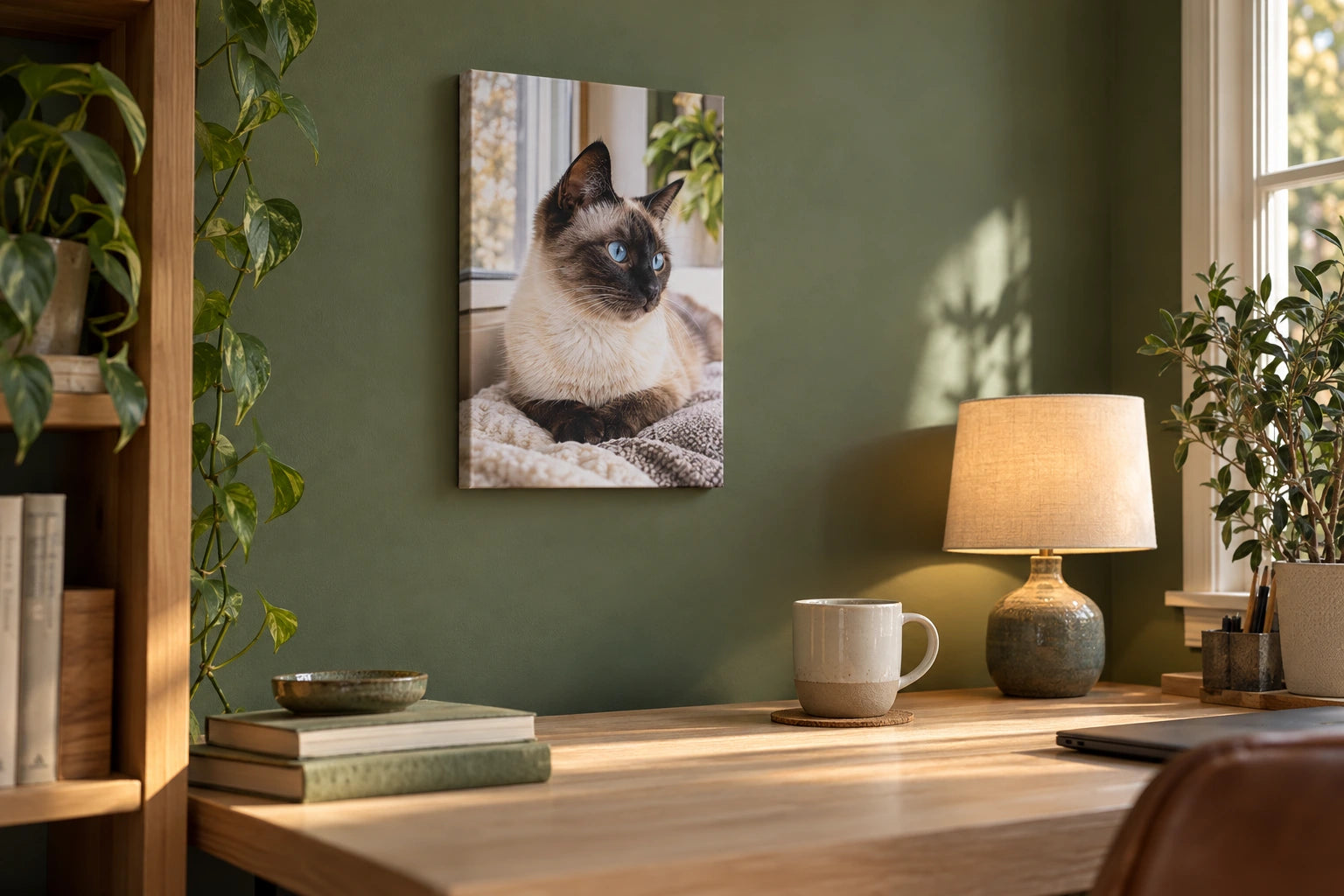 Small portrait canvas of a Siamese cat in a green home office