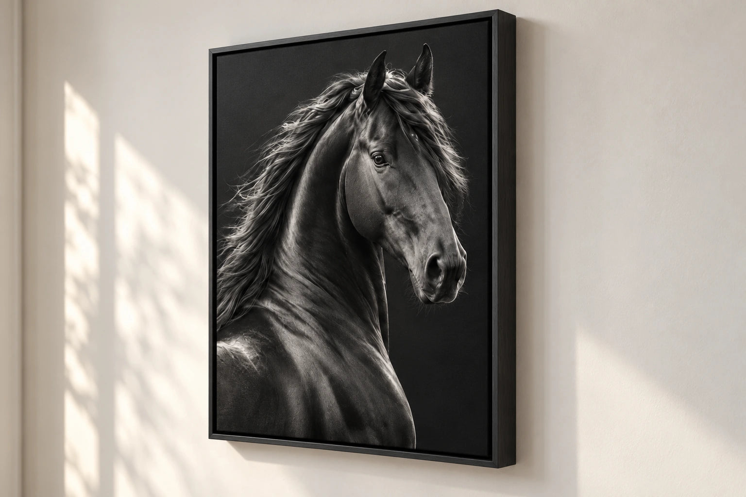 Complete horse portrait canvas seen at a slight angle in a black wood floating frame on a pale wall.