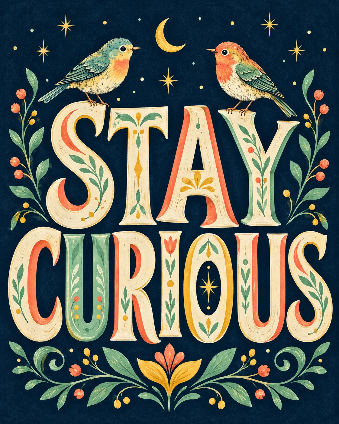 Bold illustrated STAY CURIOUS lettering with small birds on a dark blue ground.
