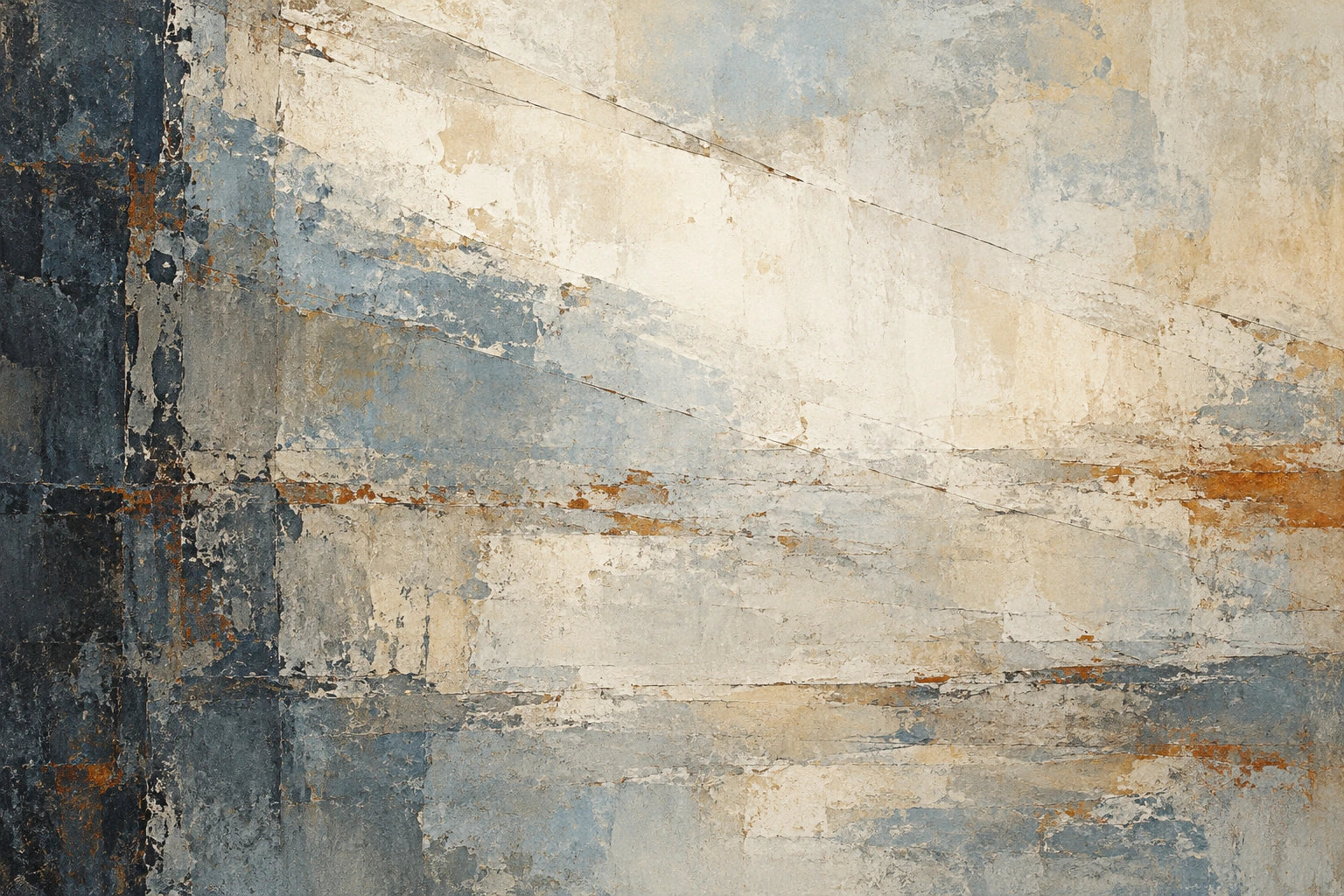 Weathered light: an abstract painting suggesting light passing across an old wall without depicting a specific building in pale limestone, soft blue-grey, muted rust and deep slate.