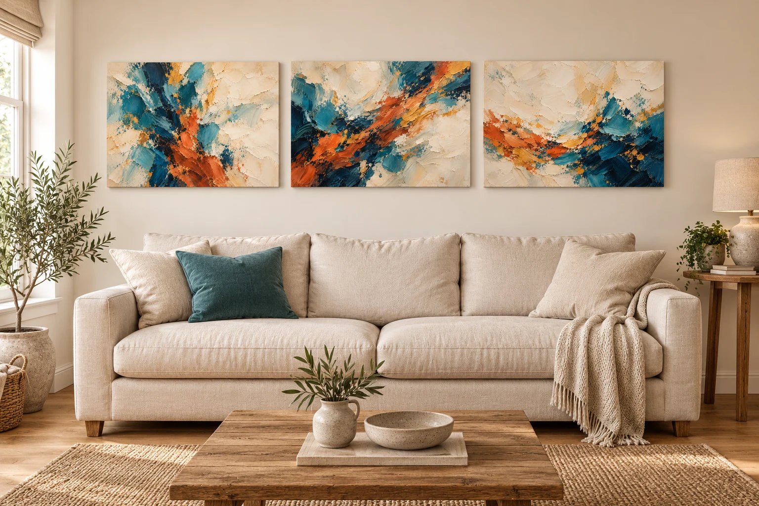 Three teal, ivory and terracotta abstract canvases above a pale sofa