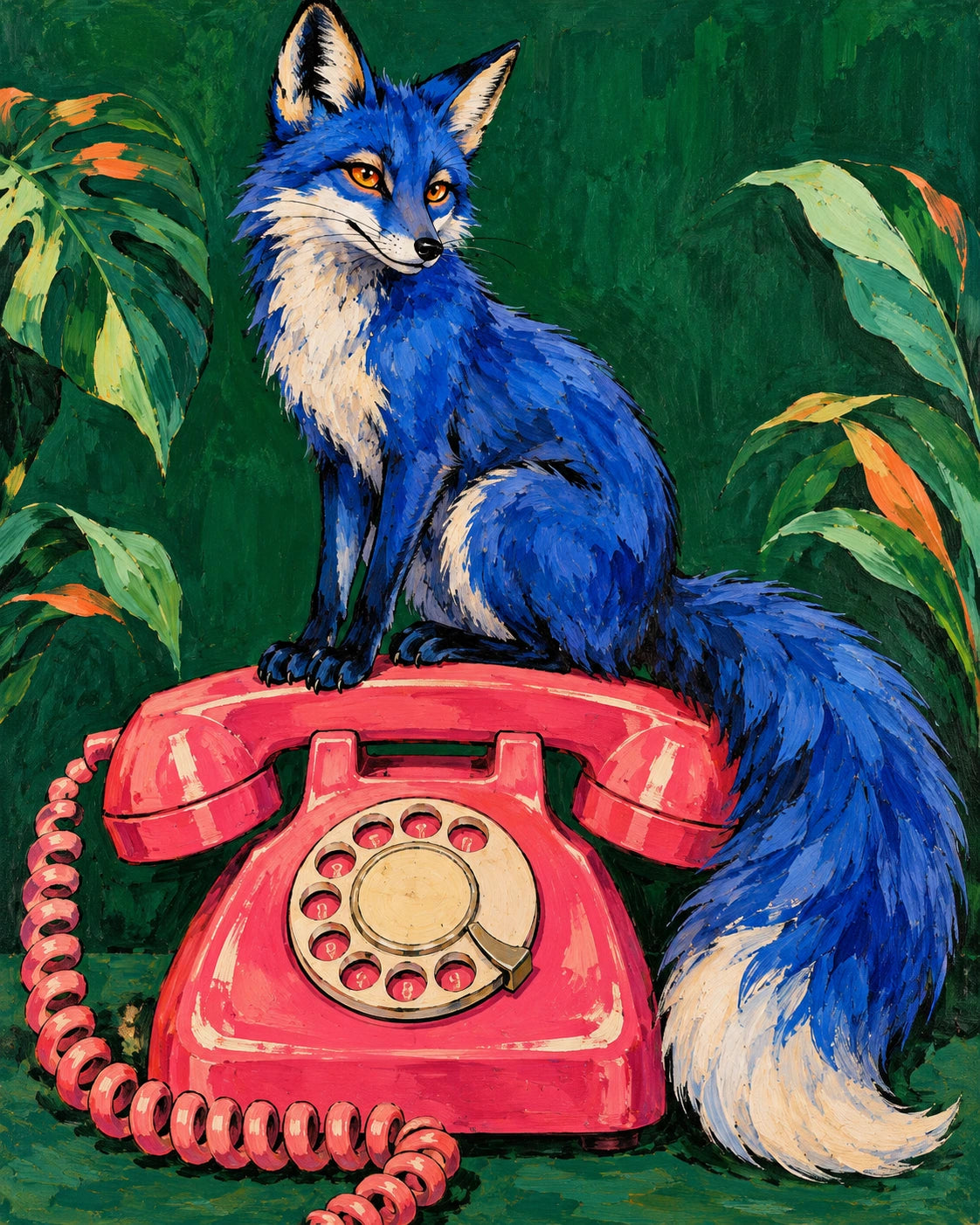 Blue fox sitting on a raspberry-pink rotary telephone against deep green.