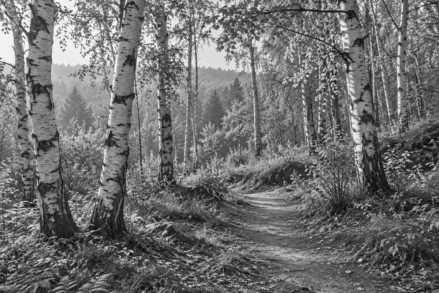 Monochrome birch woodland with a curving path and pale trunks receding into light.