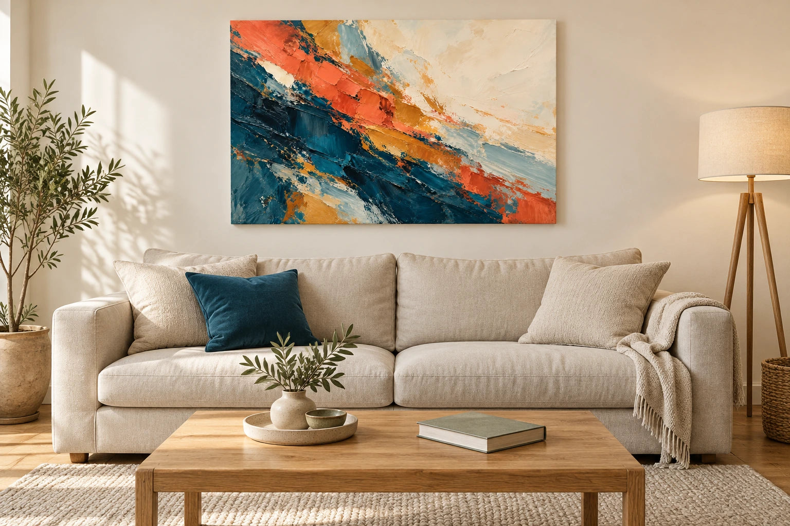 Colour in motion canvas above a pale sofa in a bright living room