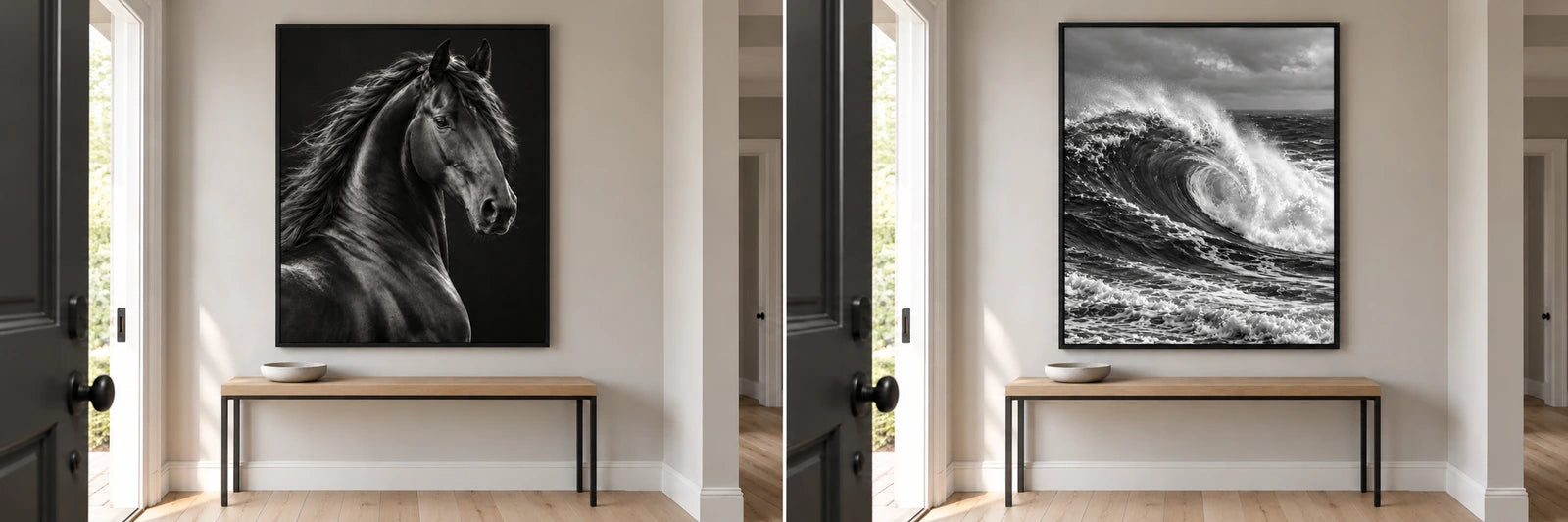 Side-by-side views of the same pale hallway: a dark horse on the left and a luminous coastal wave on the right, with matching frame placement.