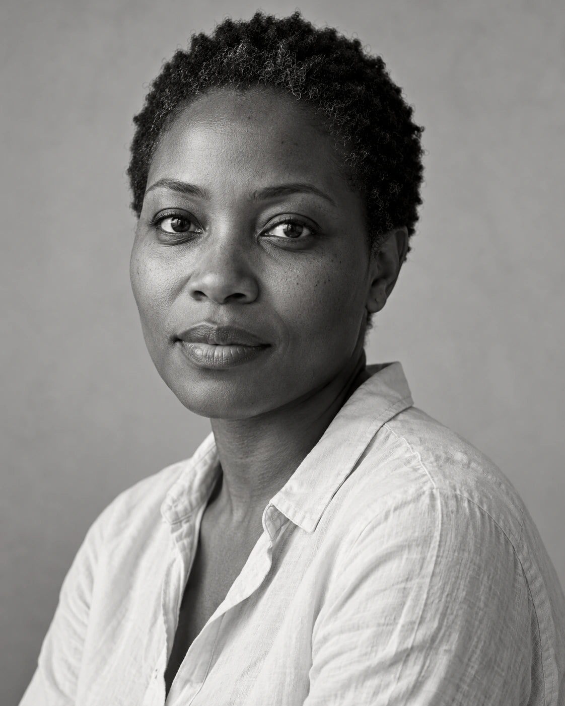 An expressive monochrome portrait of an adult woman with short natural hair, a plain shirt and a steady gaze.