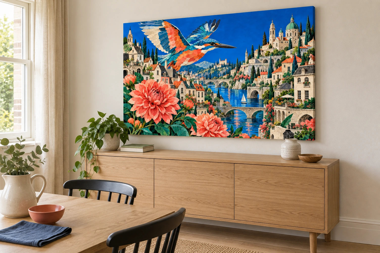 The blue city-and-kingfisher collage printed on canvas above a sideboard near an oak dining table.