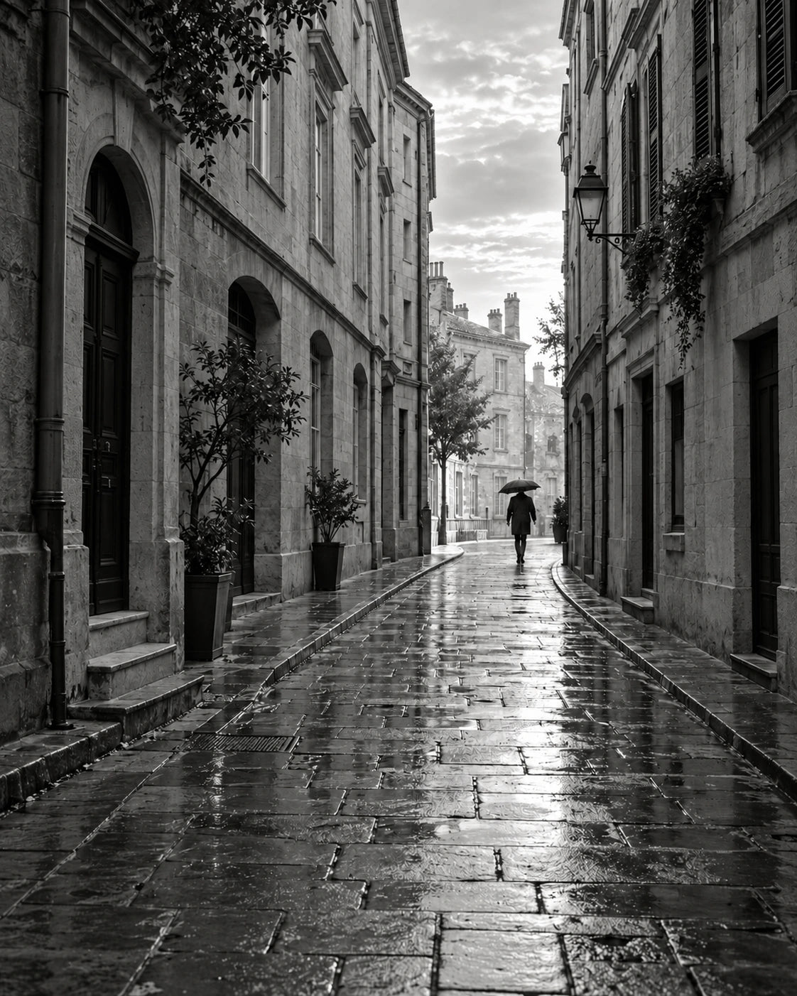 Black-and-white stone city street after rain, with wet paving and a distant umbrella.
