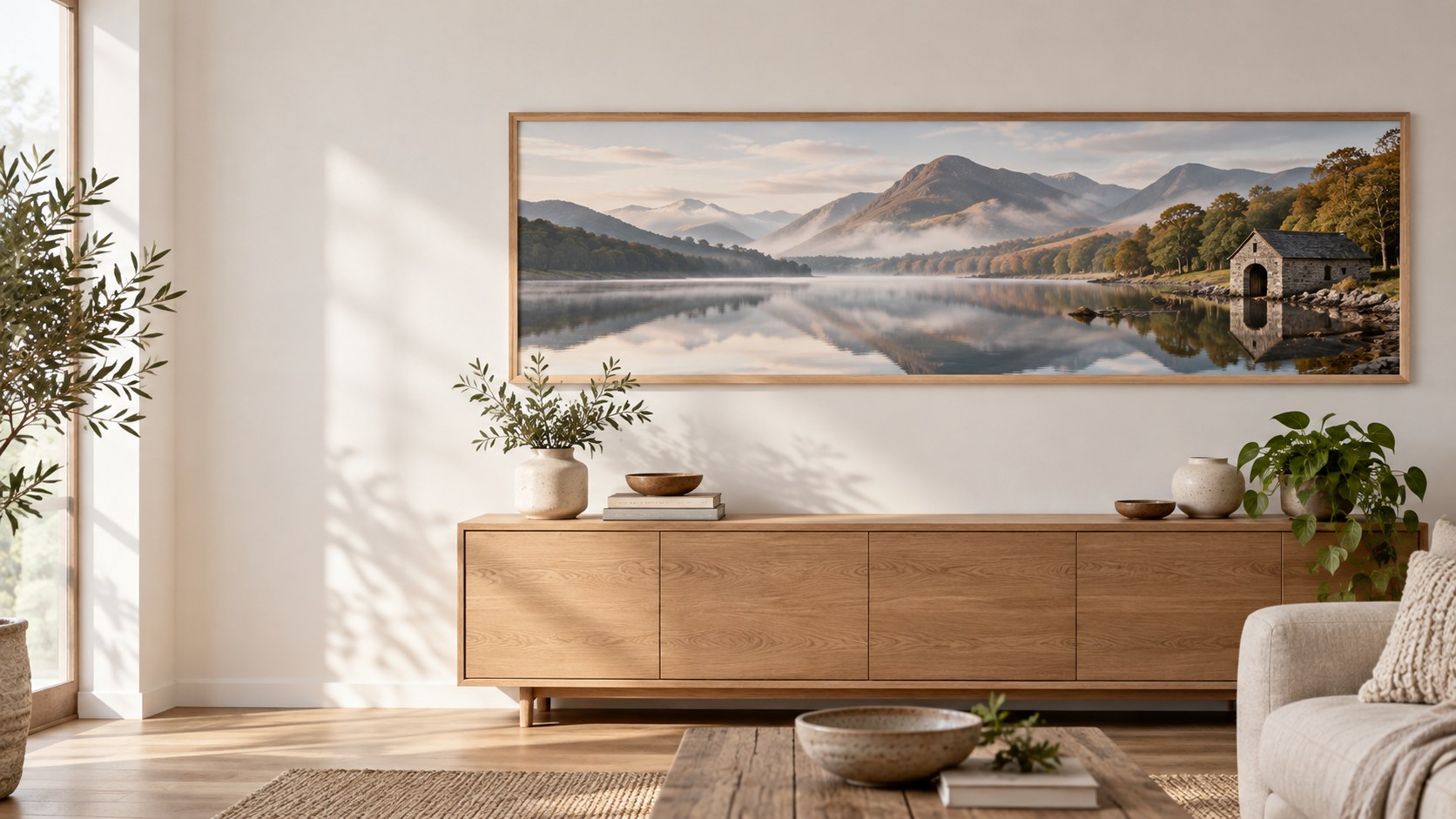 A wide panoramic mountain-lake photograph displayed as a poster in a slim frame above a low sideboard.