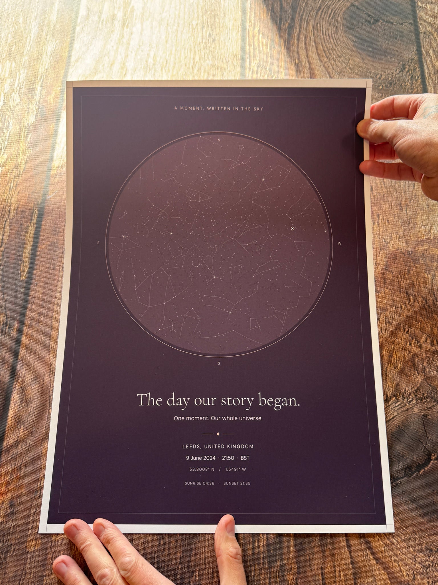 Hands holding a personalised star map print above a dark wooden table.