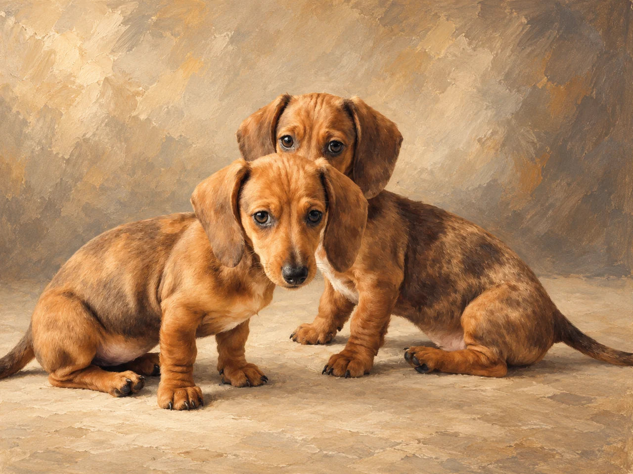 AI-created oil-style portrait: two dachshund puppies in warm stone surroundings