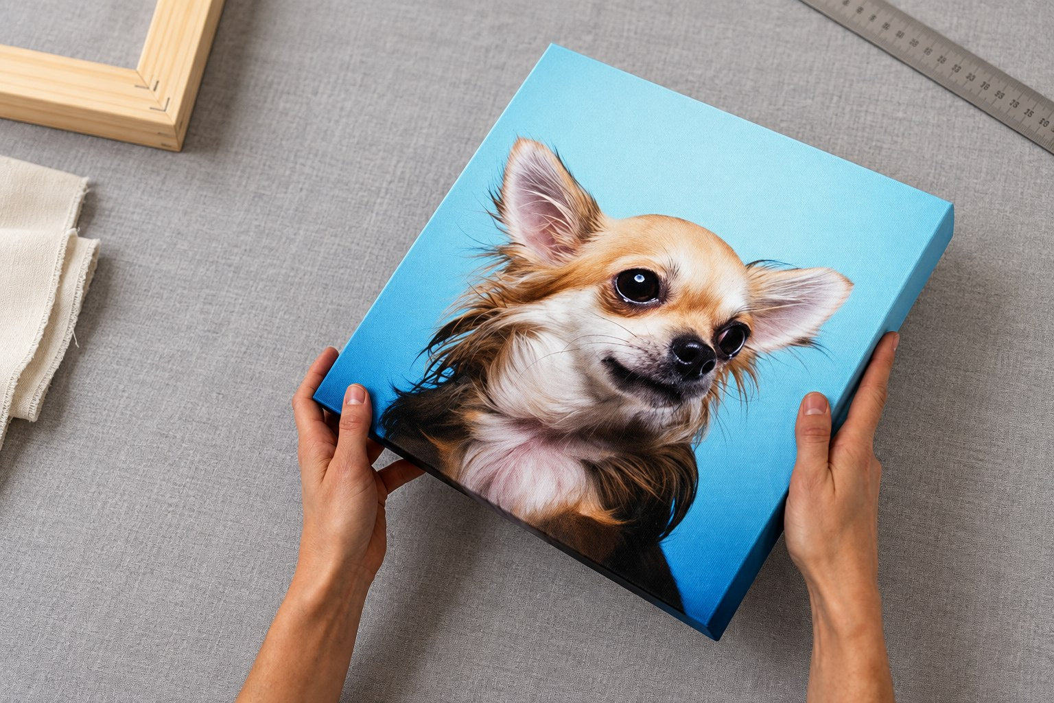 Hands holding a finished dog portrait canvas