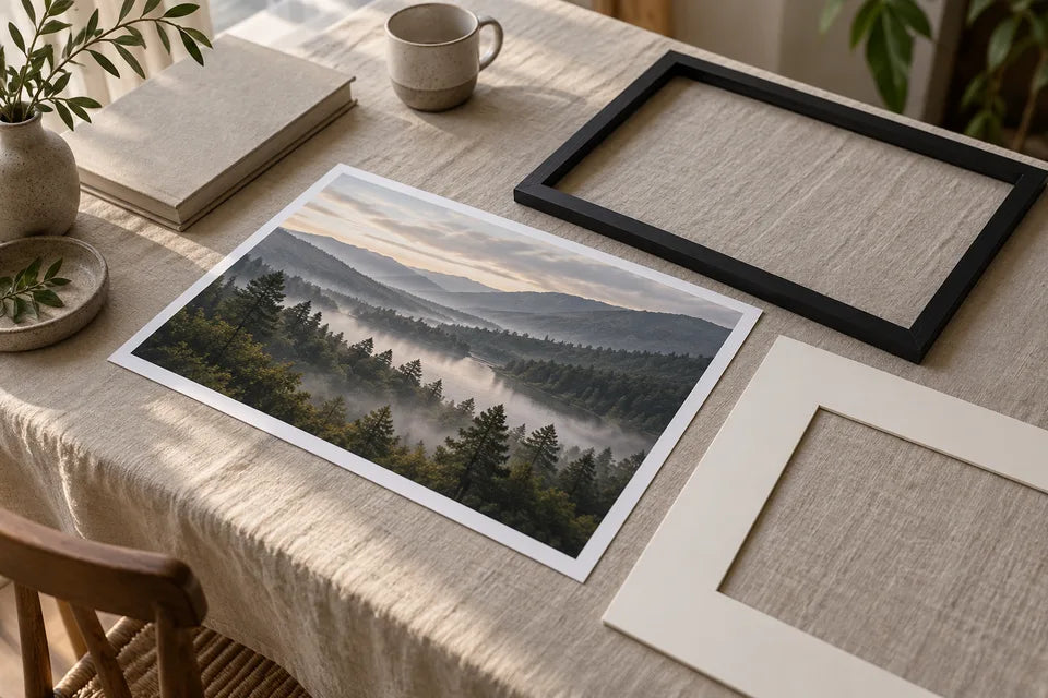 A landscape paper photo print and a separate black picture frame on a linen-covered table.