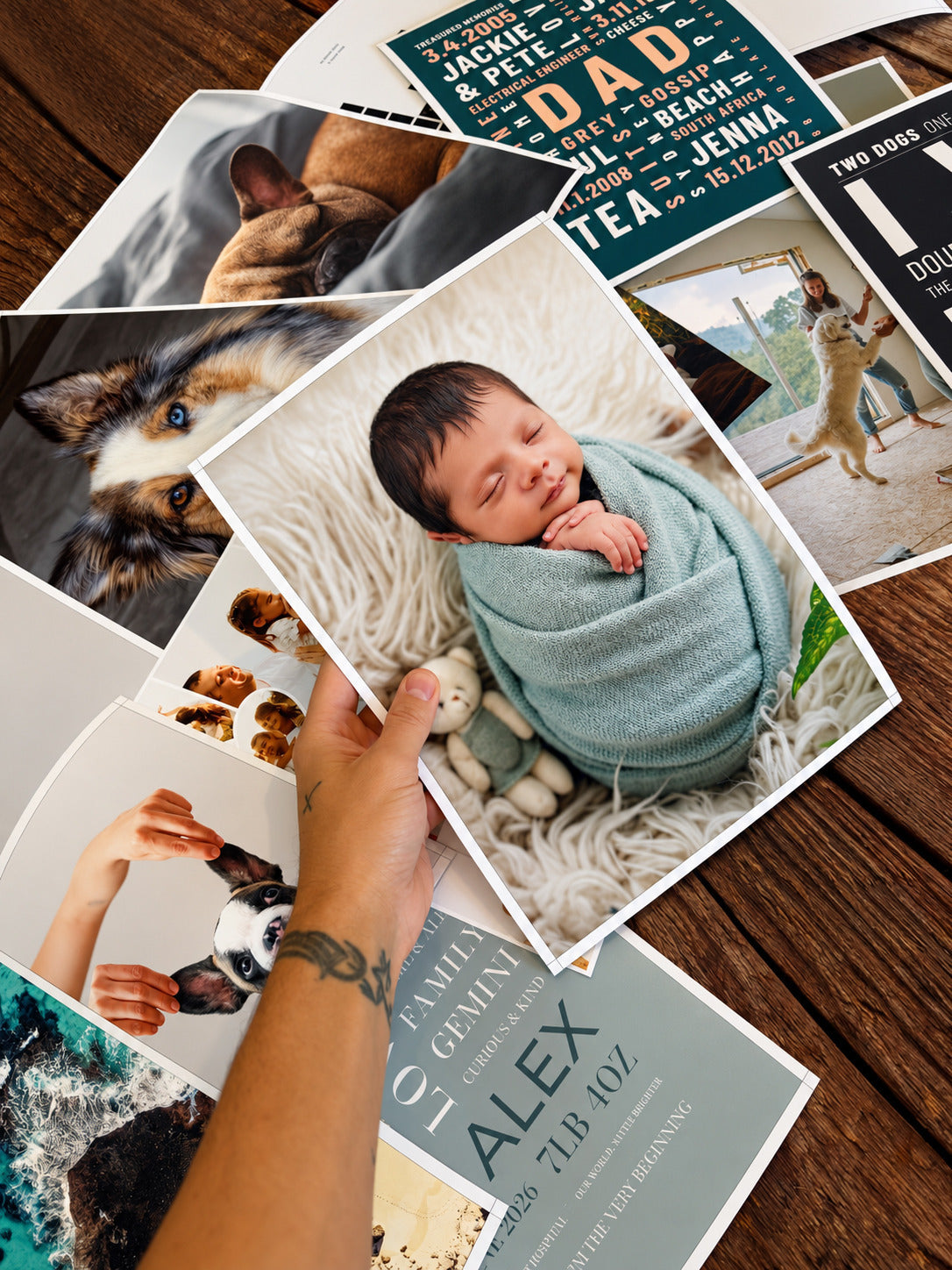 A newborn photo poster held above a collection of photo and word art prints.