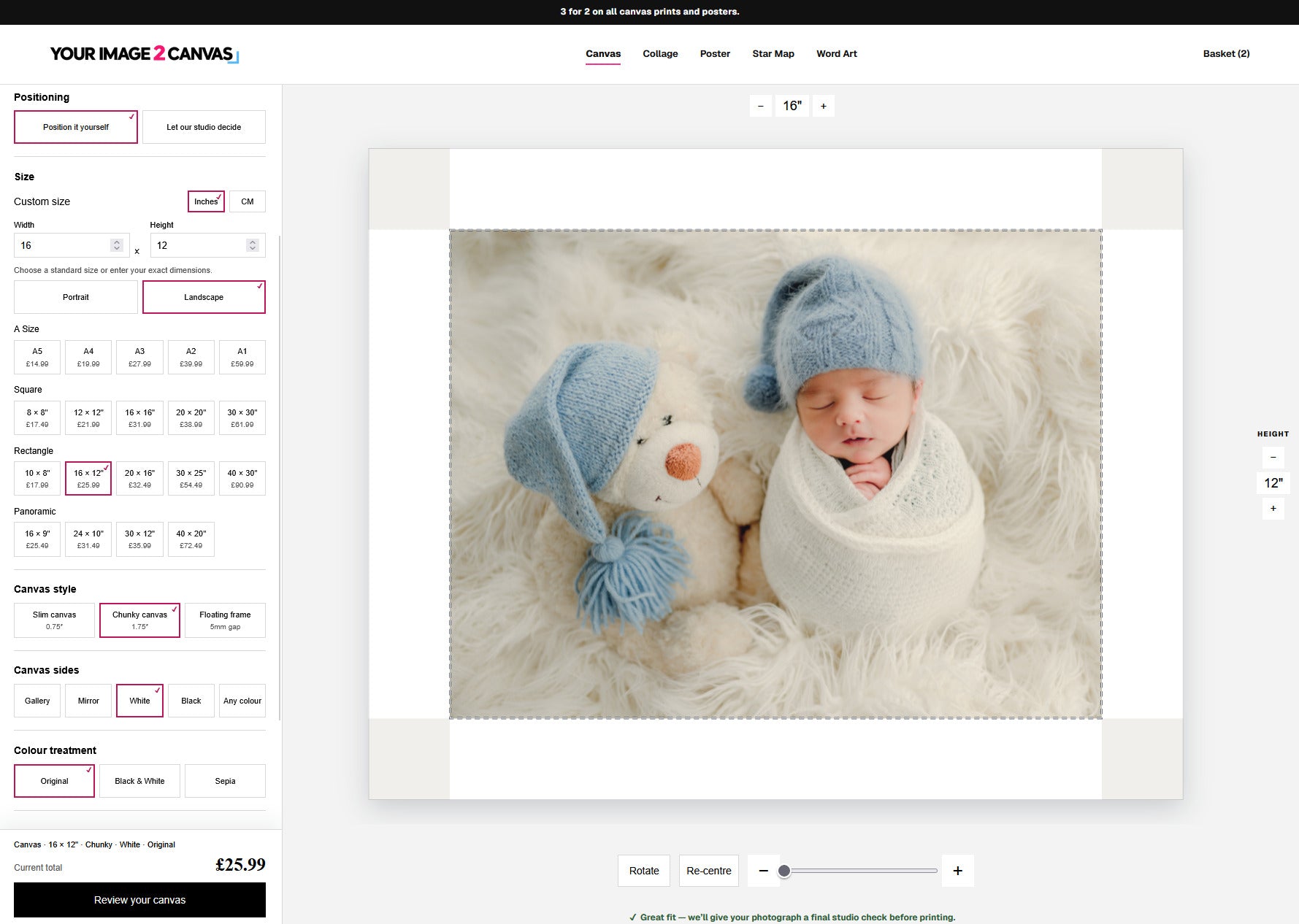 The YI2C canvas builder showing a newborn photo, size choices and canvas finishing controls.