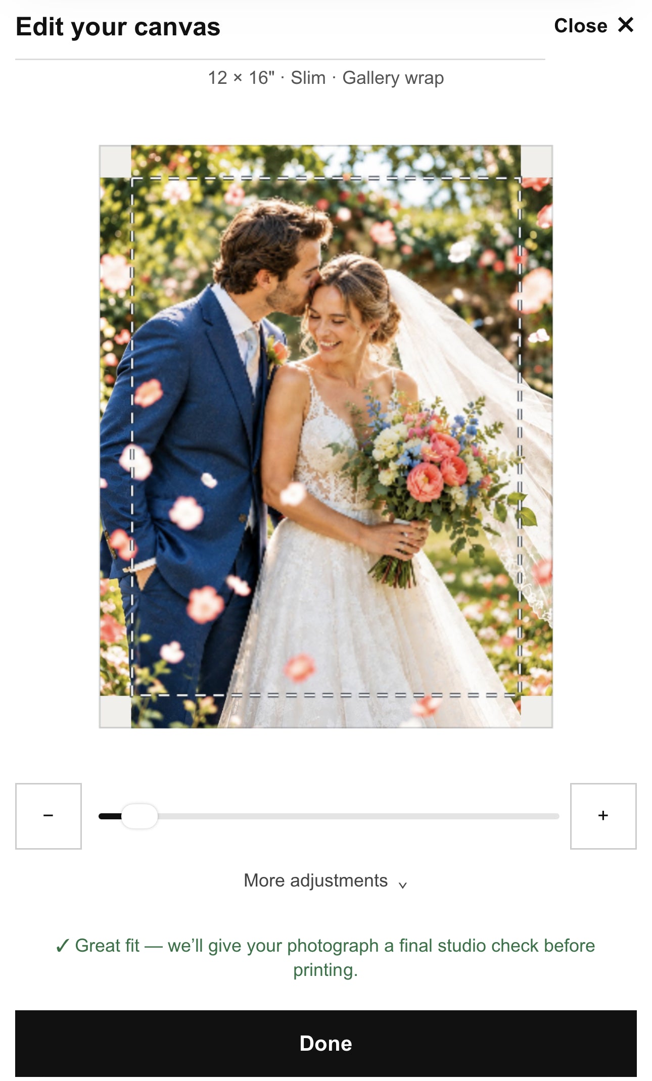 Mobile Edit your canvas interface with a wedding photograph, preview guides, adjustment controls and Done button.