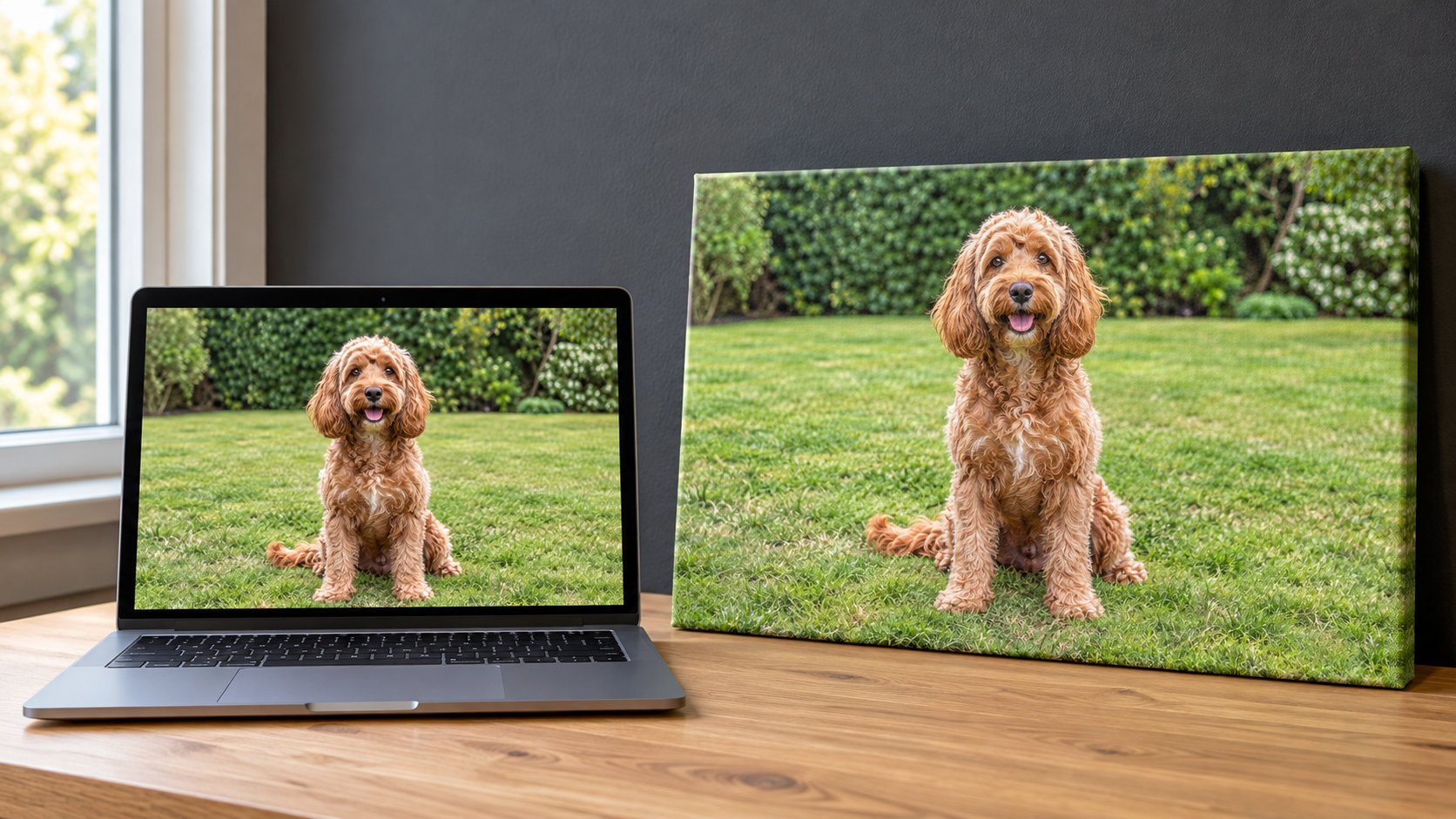 Illustrative desk scene showing a dog photograph on a laptop beside a canvas version of the same photograph.