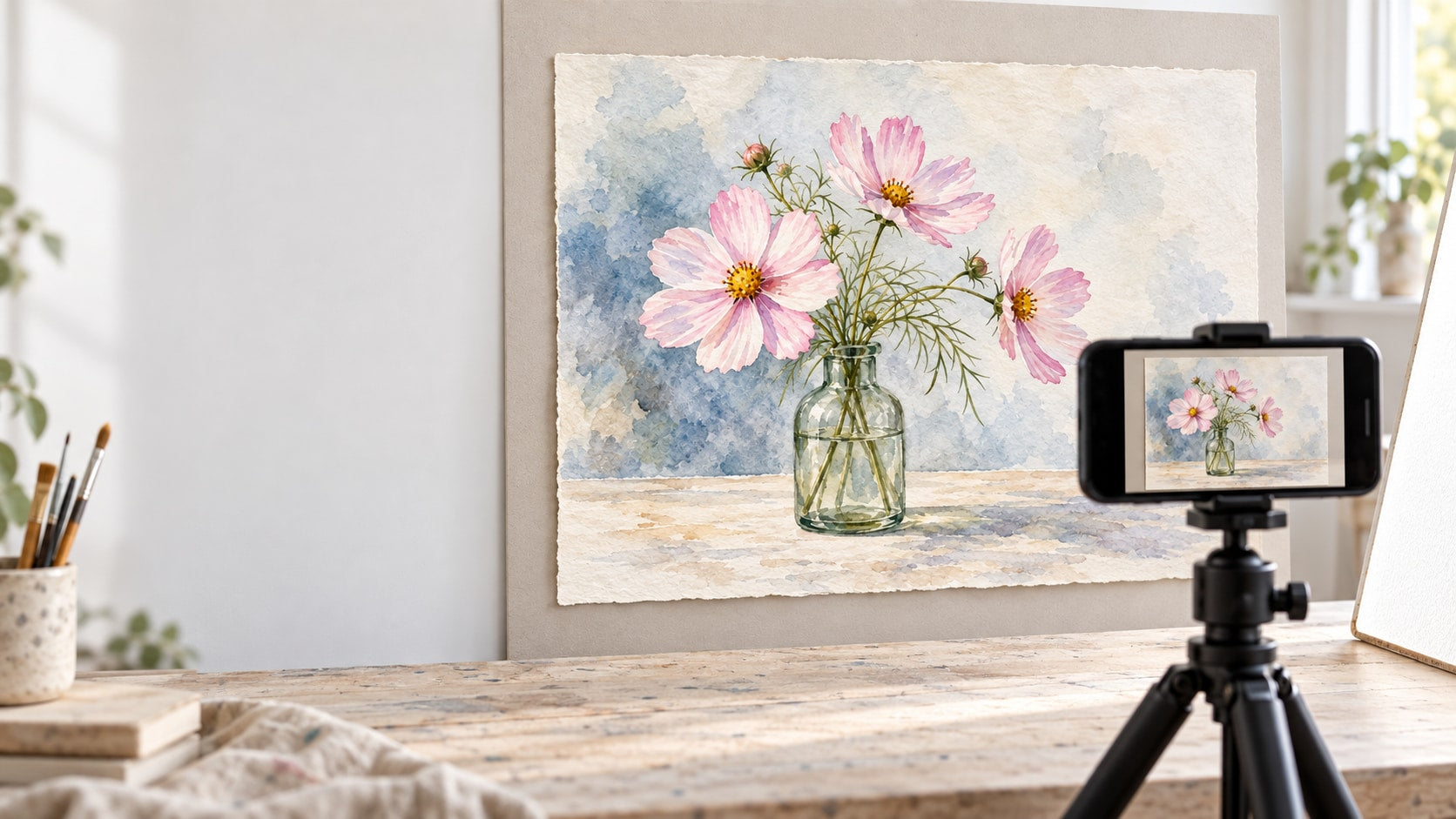 Studio illustration of a tripod-mounted phone photographing a pink cosmos watercolour on a flat backing.
