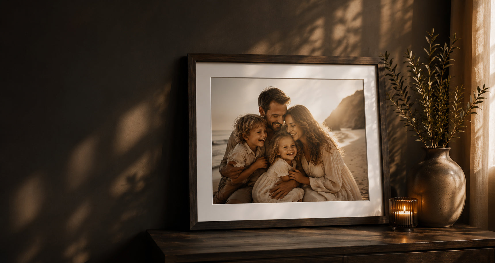 Personalised family photo poster displayed in a standard wooden frame
